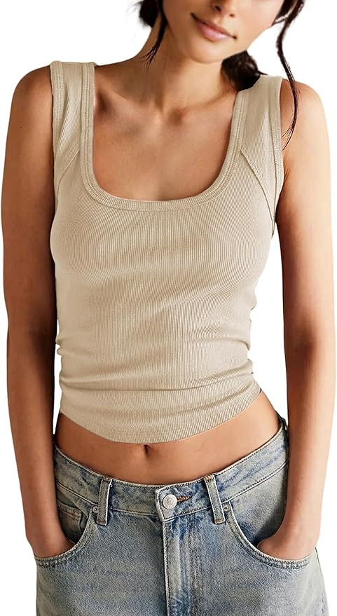 Springrain Women's Sleeveless Scoop Neck Ribbed Tank Tops Lightweight Fitted Cami Tee Shirts | Amazon (US)
