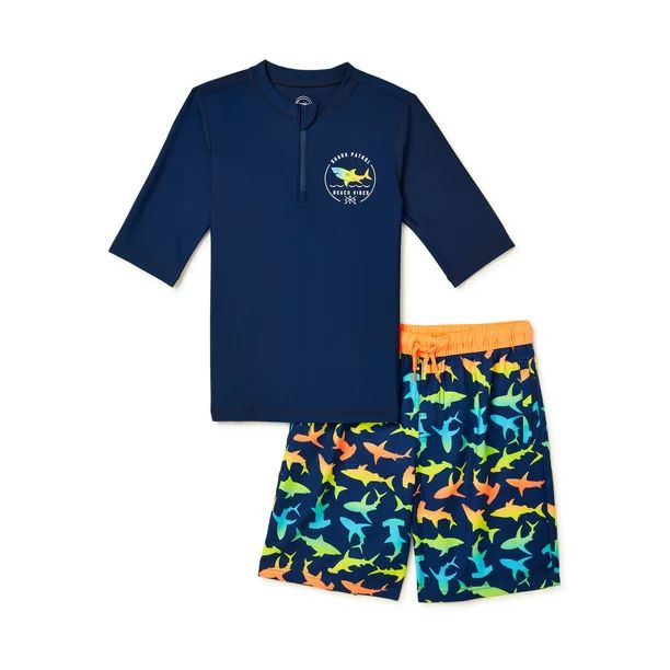 Wonder Nation Short Sleeve Rash Guard & Swim Trunk Swimsuit Set, 2 Piece, Sizes 4-18 & Husky - Wa... | Walmart (US)