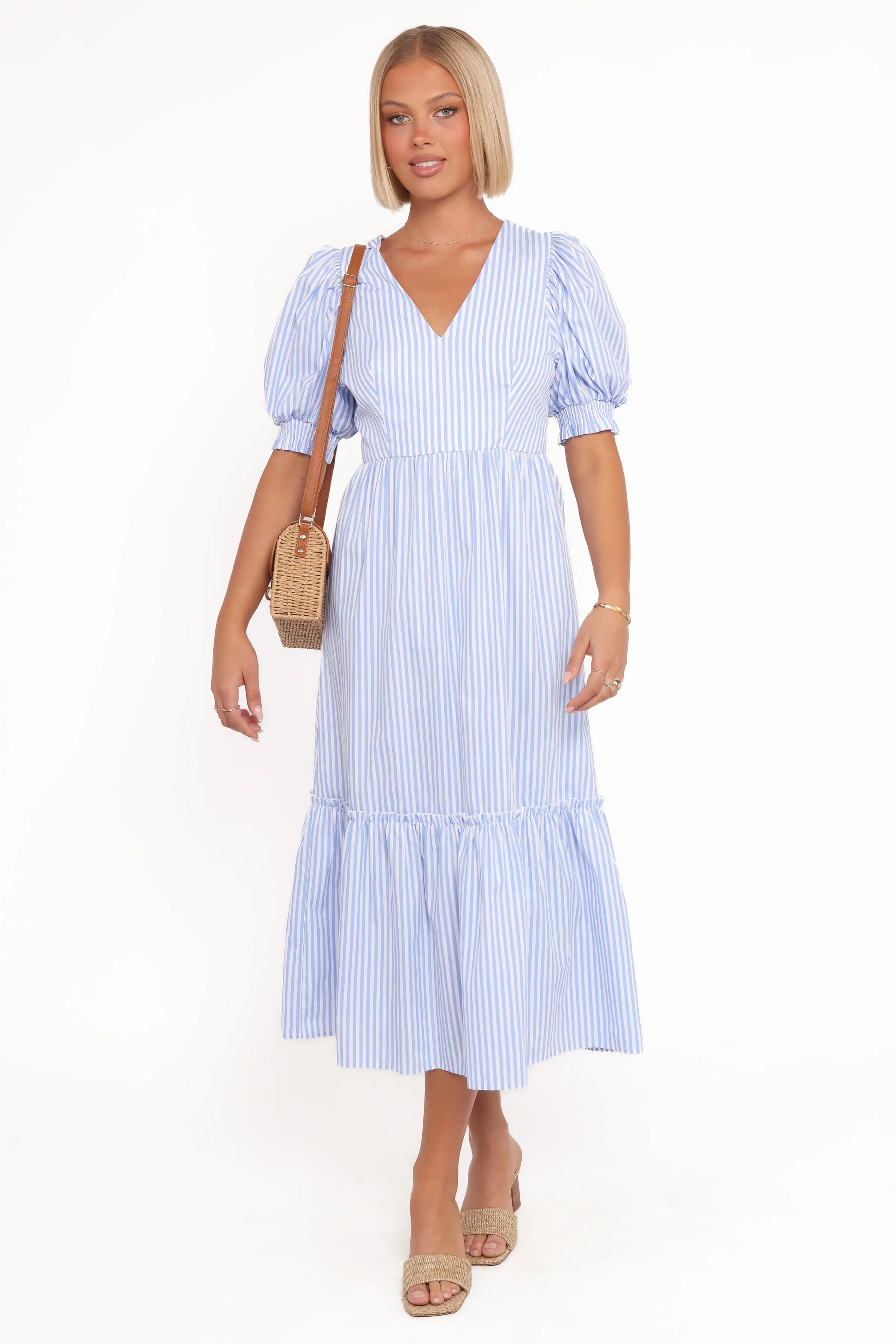 Steele Puff Sleeve Midi Dress - Blue Stripe | Petal & Pup (US)