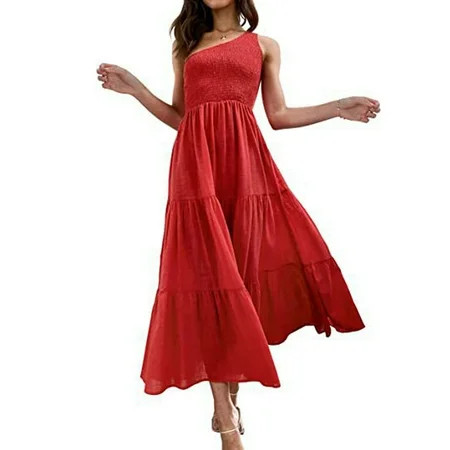 Maxi Dress For Women Boho Dress One Shoulder Dress Smocked Dress Women Beach Dress 2022 Black Elegan | Walmart (US)