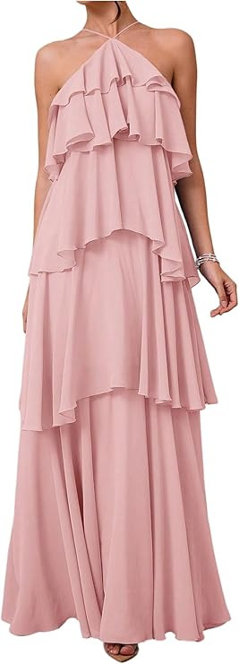SOLY HUX Women's Sundresses Ruffle Layered Halter Flowy Maxi Dress Elegant Wedding Guest Dresses | Amazon (US)