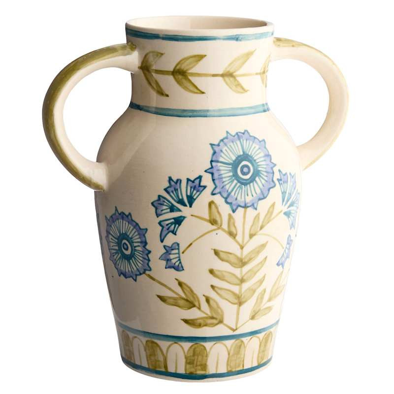 Green & Blue Hand Painted Flower Ceramic Vase with Handle, 9" | At Home
