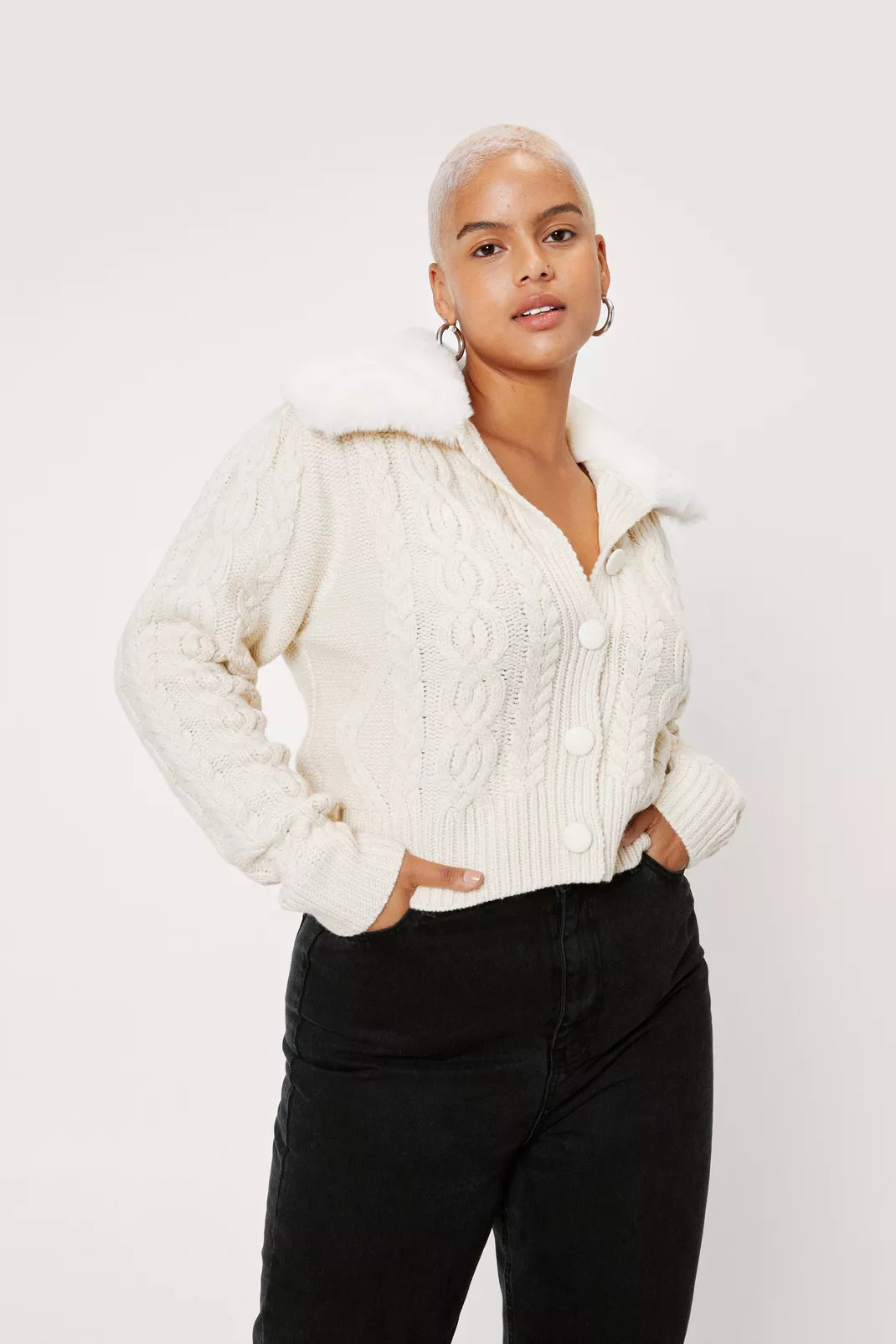 Plus Size Faux Fur Collar Cable Knit Cardigan | Nasty Gal (US)