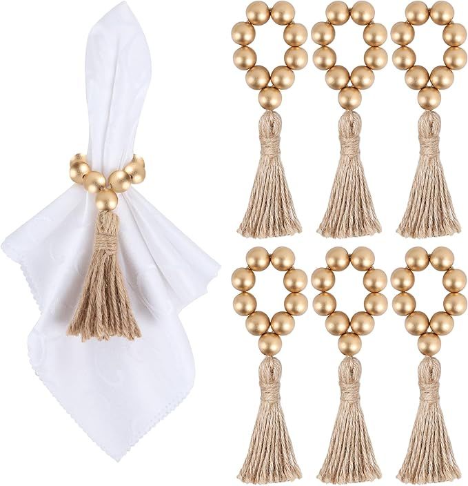 6 Pieces Wooden Bead Napkin Rings, Farmhouse Stretchable Napkin Rings with Tassel Boho Napkin Rin... | Amazon (US)