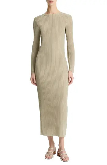 Vince Plissé Pleat Long Sleeve Body-Con Maxi Dress in Dark Jade Water Combo at Nordstrom Rack, Size Small | Nordstrom Rack