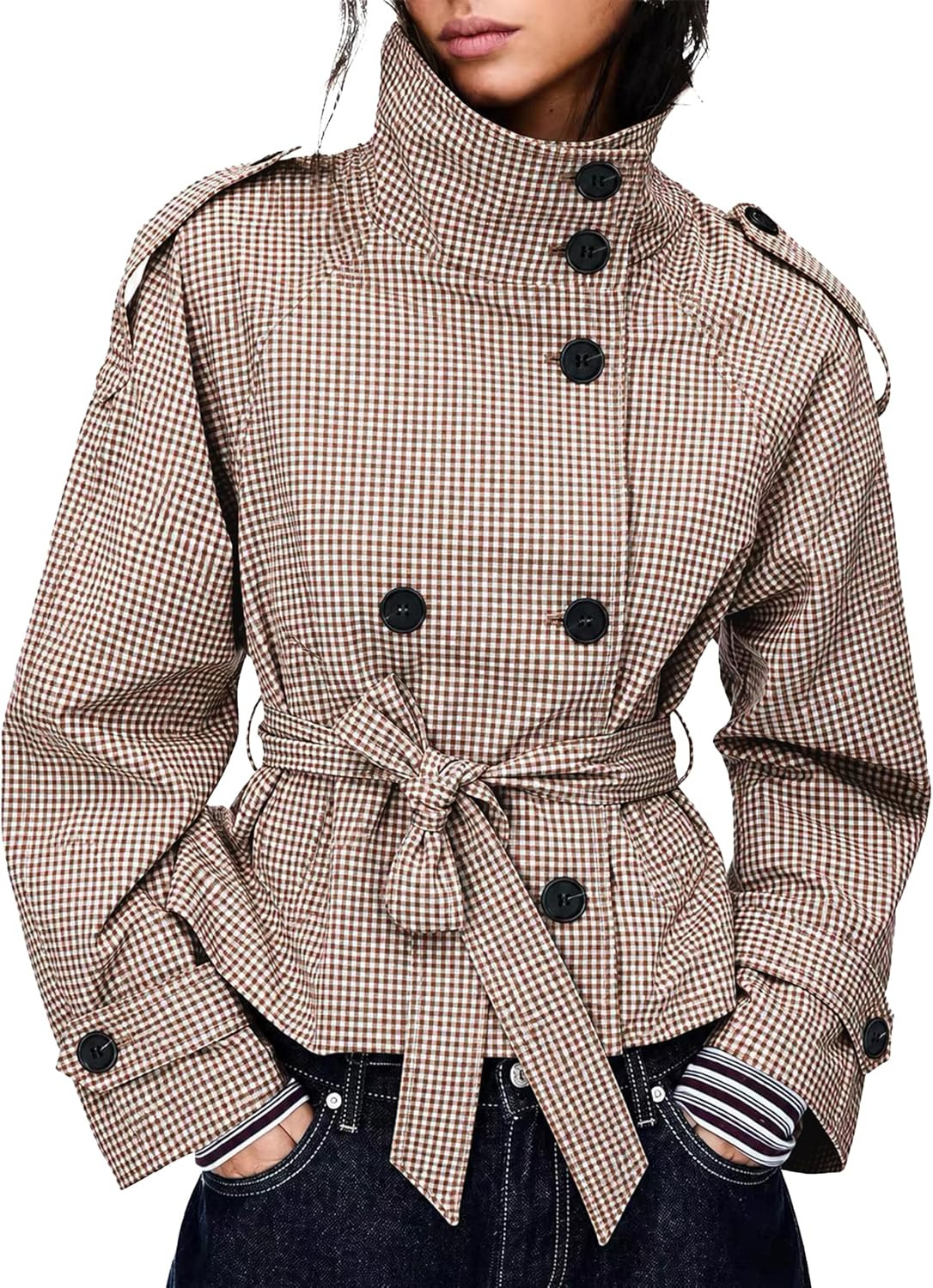 Women's Gingham Trench Coat Double Breasted Short Jacket | Amazon (US)