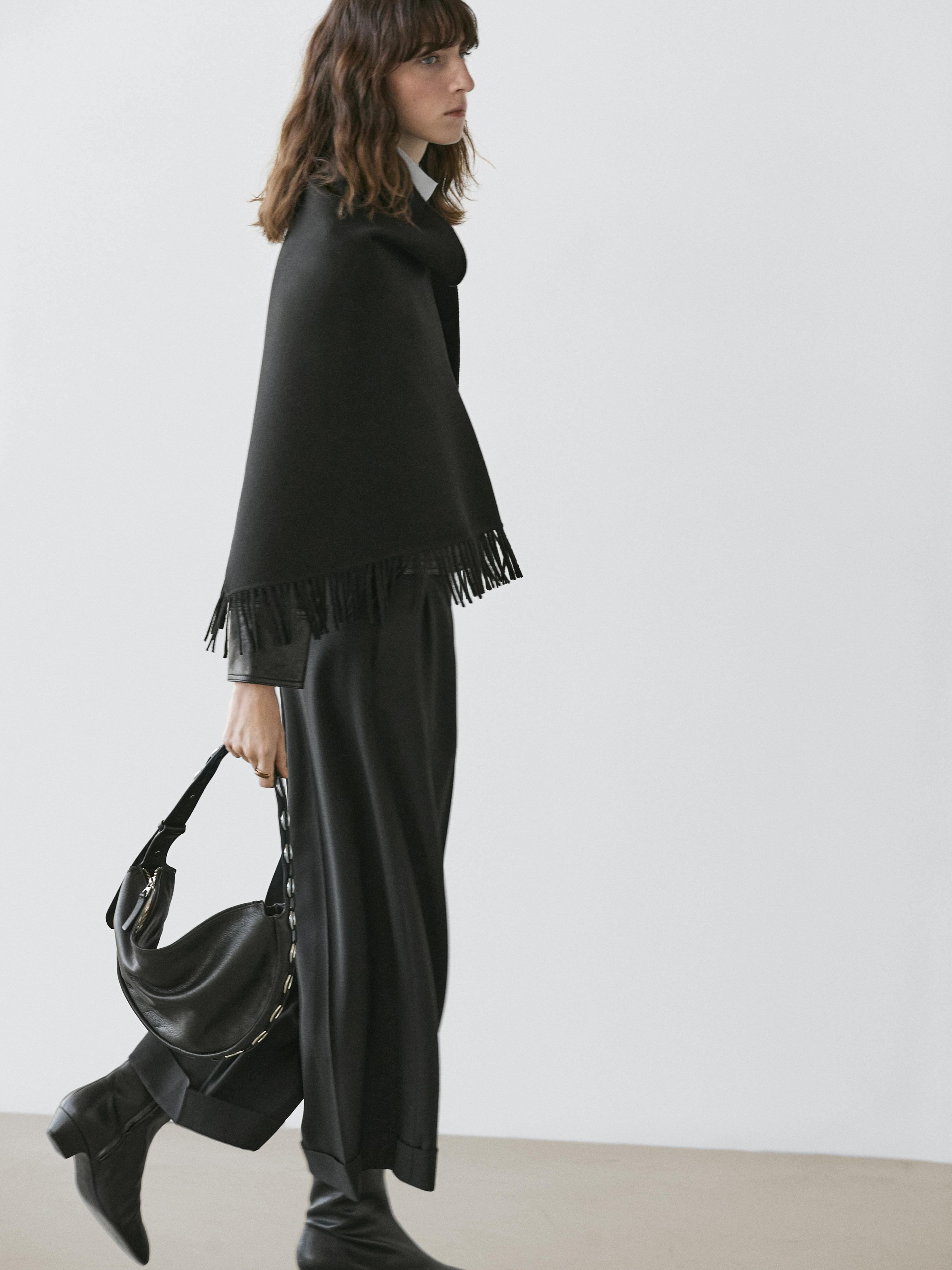 Wool blend knit cape with fringing | Massimo Dutti UK