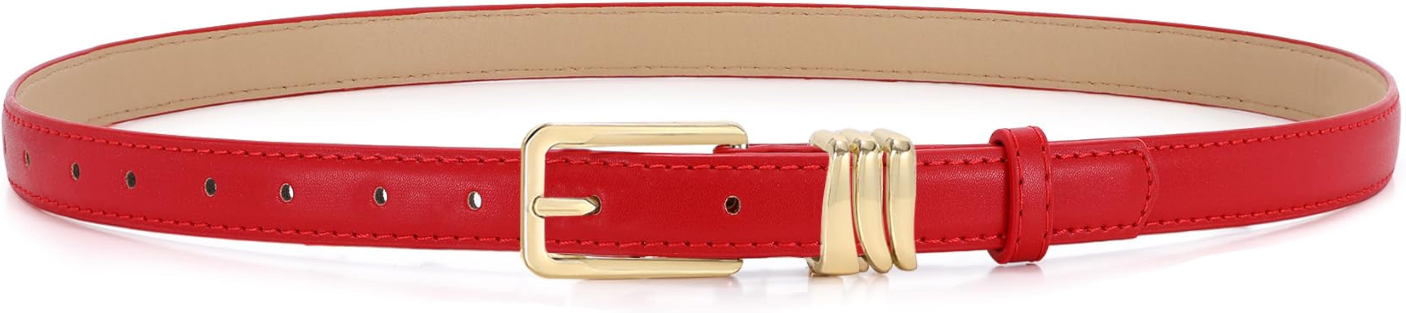 XZQTIVE Women Skinny Leather Belt Ladies Black Thin Waist Belt for Dresses Jeans Pants with Gold ... | Amazon (US)