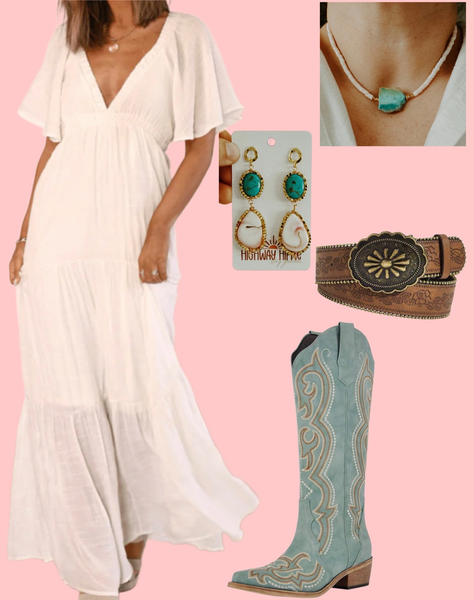 Outfit idea 💡 white maxi boho dress paired with teal western boots and turquoise accessories! Code LORI10 to save on Highway hippie jewelry 

#LTKgrwm #LTKSeasonal #LTKootd