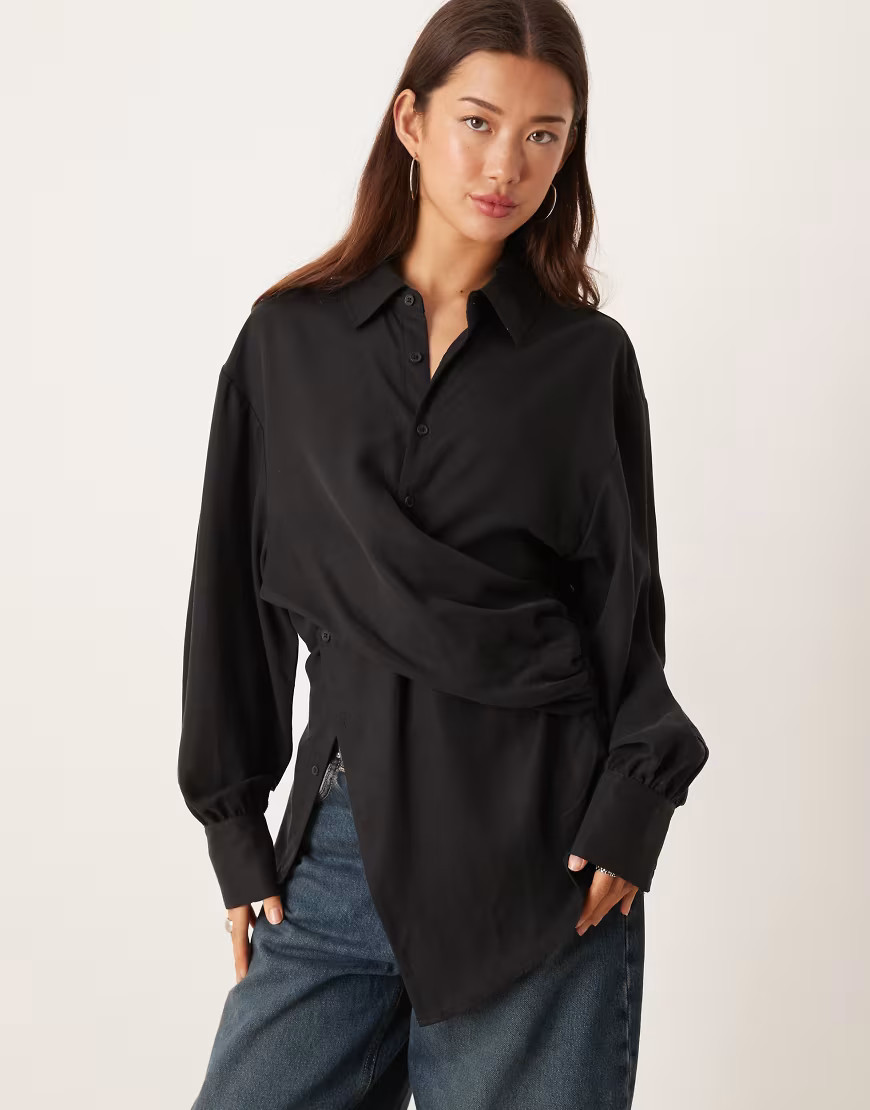 ASOS DESIGN wrap over cinched waist shirt in washed black | ASOS (Global)