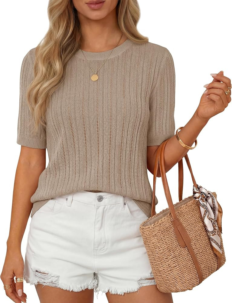ZESICA Womens Summer Short Sleeve Knit Tops 2026 Crewneck Crochet Sweater Tops for Women Casual T... | Amazon (US)