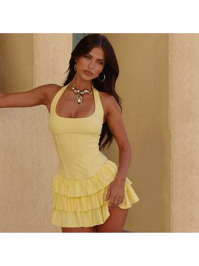 Yellow Halter Neck Cake Dress - Flared Mini Skirt Party Dress, Y2K Sweetheart Photoshoot Outfit For Women, Cute Clubwear Date Night | SHEIN