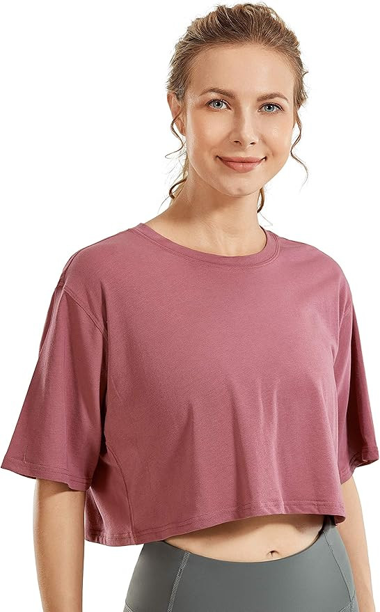 CRZ YOGA Women's Pima Cotton Workout Crop Tops Short Sleeve Yoga Shirts Casual Athletic Running T... | Amazon (US)