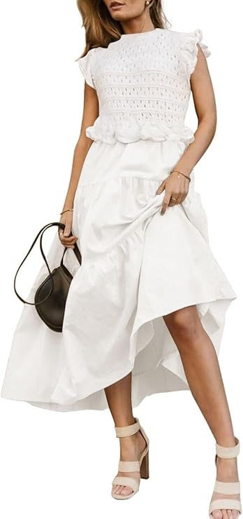 Women’s Summer Causal Ruffle Sleeve Crochet Knit Tops Long Dress for Ladies Fall Trendy Formal ... | Amazon (US)