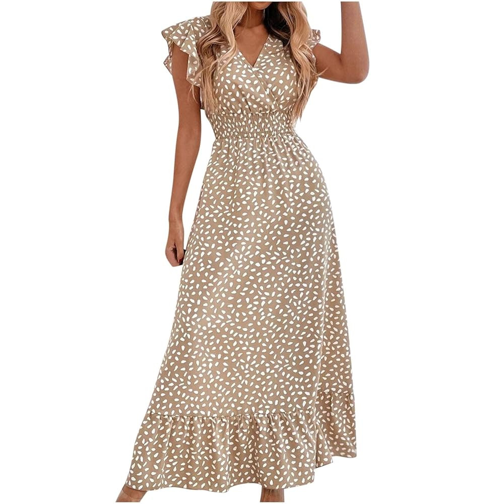 Generic Women Ruffle Sleeve Flowy Maxi Dress Summer Vneck Elastic Waist Dresses Casual Dressy Pri... | Amazon (US)