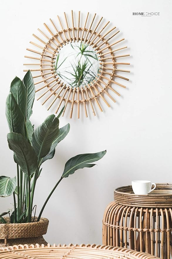 RISEON Boho Mid-Century Vintage Moroccan Style Halo Wicker Mirror, Bamboo Rattan Sunburst Mirror,... | Amazon (US)