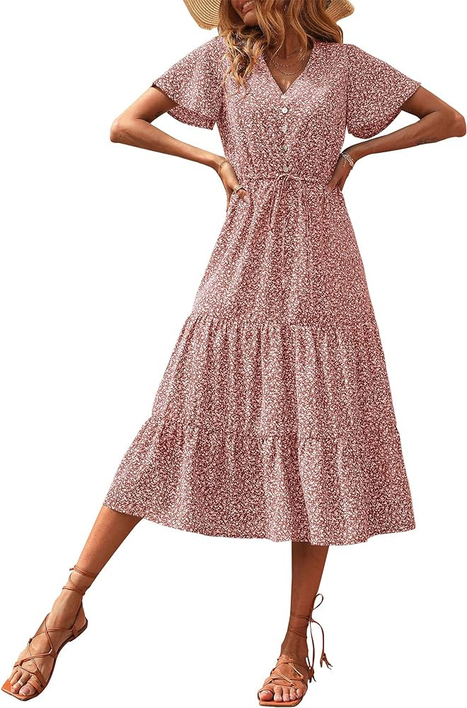 PRETTYGARDEN Women's Floral Boho Dress Casual Short Sleeve V Neck Ruffle Tiered 2024 Summer Swing... | Amazon (US)