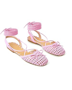 Woven Ballet Flats for Women Lace Up Closed Square Toe Summer Flats Shoes | Amazon (US)