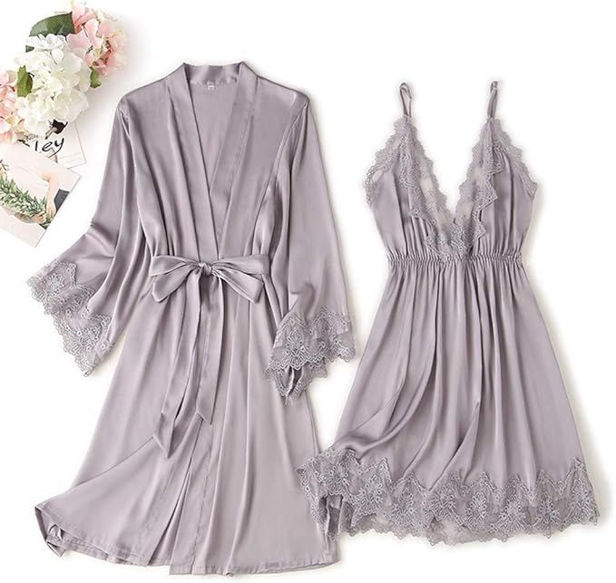 LDMPWGMD 2PCS Women Lace Trim Silk Nightgown and Robe Set for Women Soft Loose Bathrobe Sexy Brid... | Amazon (US)