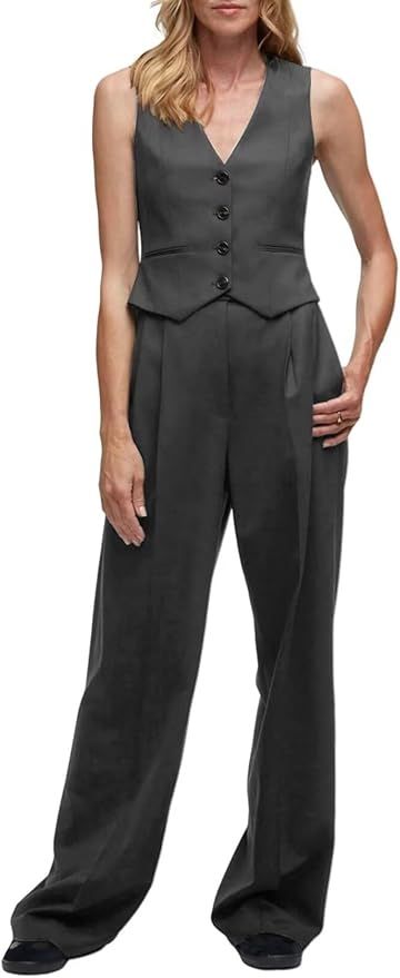 Women's 4 Button Vest Pants Suit V Neck Business Casual 2 Piece Sets | Amazon (US)