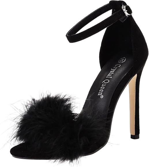 Women's Strappy Sandals with Heel Women Open Toe Sandals Fluffy Feather Strap High Heel Shoes Hig... | Amazon (UK)