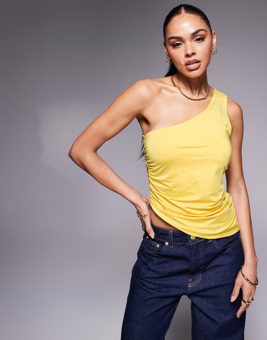 ASOS DESIGN ruched side asymmetric hem double strap one shoulder top in slinky in yellow | ASOS (Global)