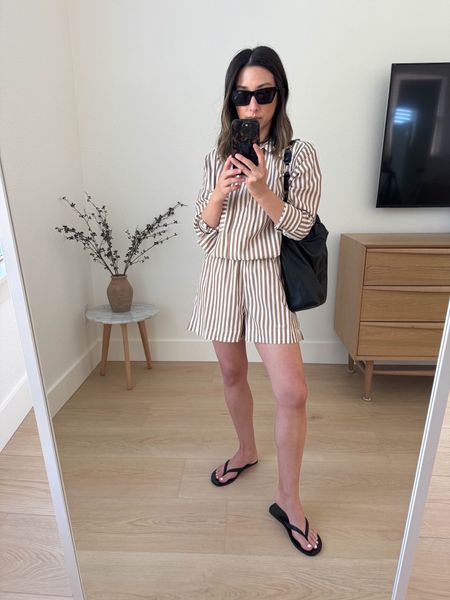 French connection striped set. Lightweight material, great for warm weather. Runs oversized. 

French connection top small. Need the xs 
French connection shorts small. Need the xs
Madewell sandals 5
Anine Bing bag
YSL sunglasses  

Summer outfits, sandals, purse, petite style 

#LTKSeasonal #LTKItBag #LTKShoeCrush