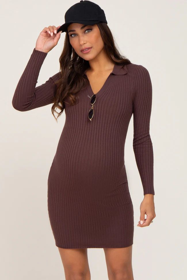Brown Ribbed Collared Long Sleeve Maternity Dress | PinkBlush Maternity