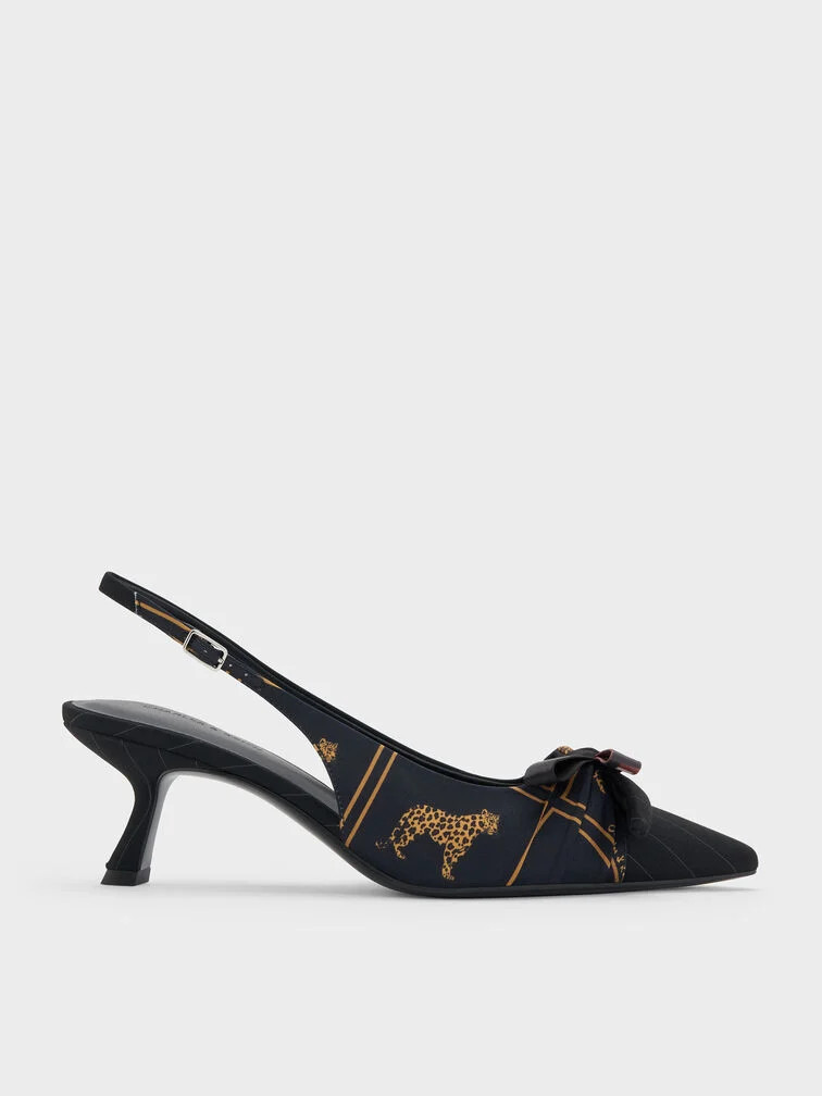 Black Textured Satin Printed-Bow Pointed Slingback Pumps | CHARLES & KEITH | Charles & Keith US