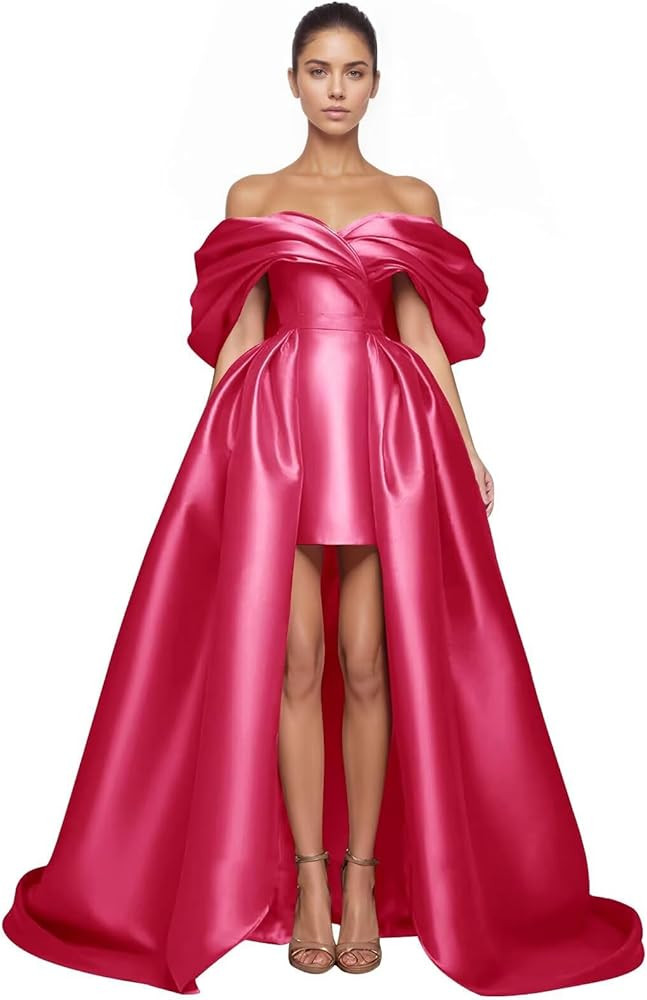 Women's Puffy Off Shoulder Prom Dresses 2026 with Detachable Train Satin Wedding Dress SP008 | Amazon (US)