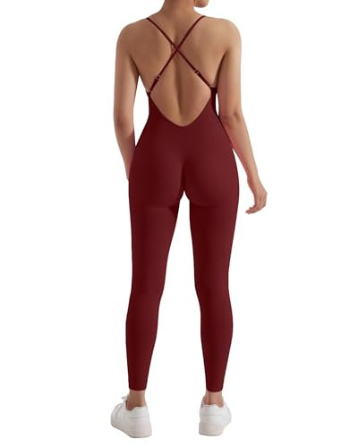 MOOSLOVER Women Strappy Backless One Piece Jumpsuits Tummy Control Padded Workout Rompers(L,#1 Burgundy) | Amazon (US)