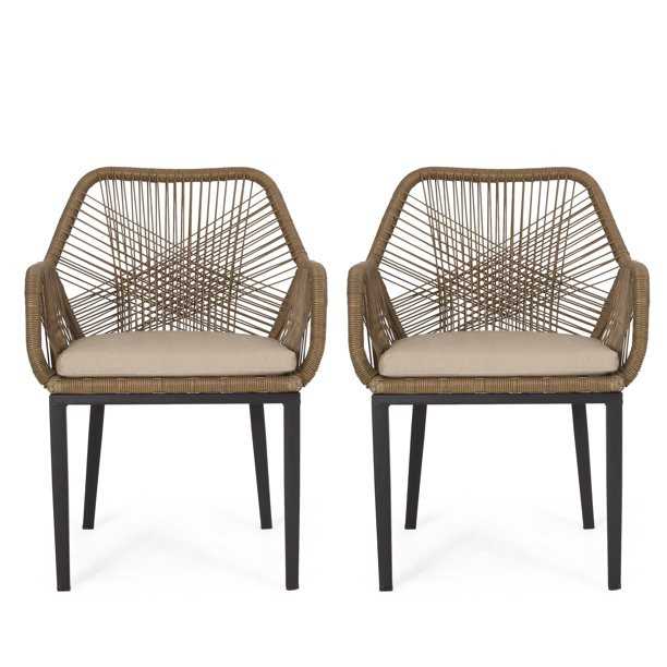Noble House Outdoor Dining Chair - Wicker/Rattan - Set of 2 - Beige - Walmart.com | Walmart (US)