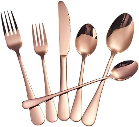 Rose gold Silverware Set,24-Piece Stainless Steel Copper Flatware Set,Cutlery Tableware Set for 4... | Amazon (US)