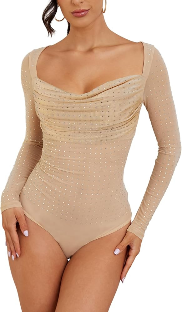 SEBOWEL Womens Rhinestone Sheer Mesh Bodysuit Glitter Sparkly Square Neck Long Sleeve Bodysuit Ru... | Amazon (US)