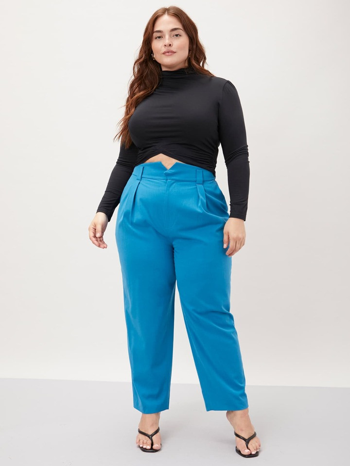 SHEIN Essnce Plus Wool-Mix Overlay Waist Tailored Pants | SHEIN