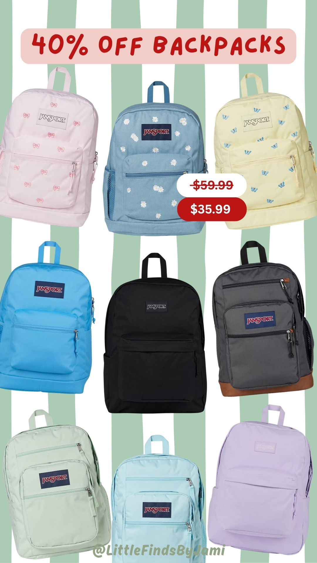 40% off Jansport backpacks at Target. Deals. Sale. Back to school finds. Boys and girls. Little kids. Tweens. Teens. Travel must have. Toddlers. Cute trendy kids. Mom find. 

 #LTKSaleAlert #LTKTravel #LTKKids