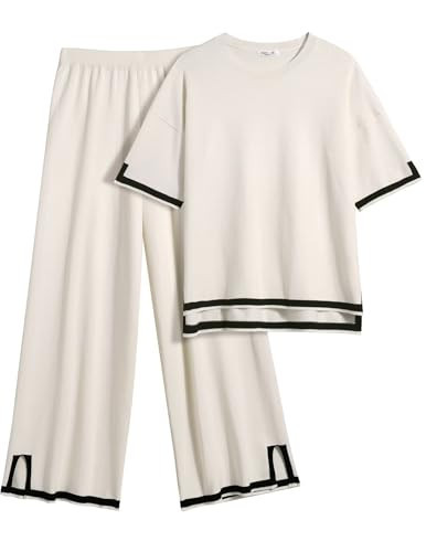 Ekouaer Lounge Set for Women Travel Outfits 2 Piece Sets Short Sleeve Sweater Top Wide Leg Long Pants Loungewear Apricot L | Amazon (US)