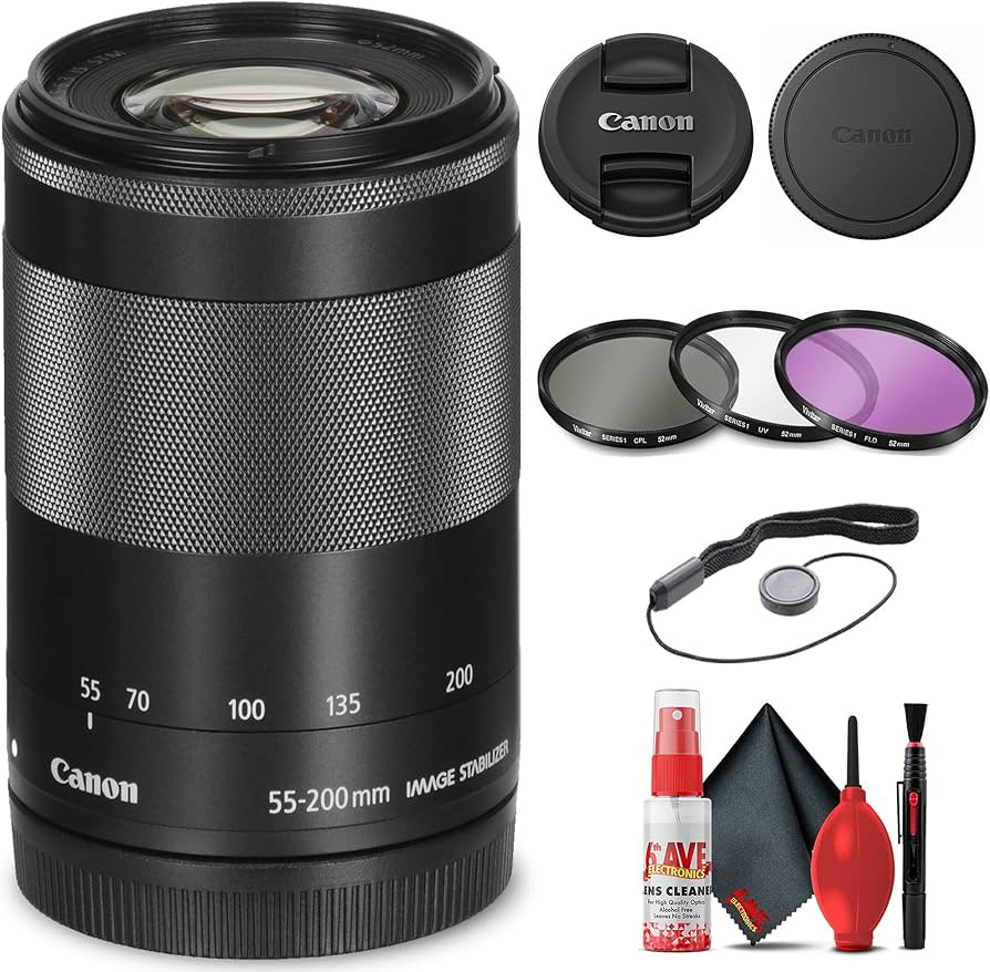 Canon EF-M 55-200mm f/4.5-6.3 is STM Lens (Black) (9517B002) + Filter Kit + Cap Keeper + Cleaning... | Amazon (US)