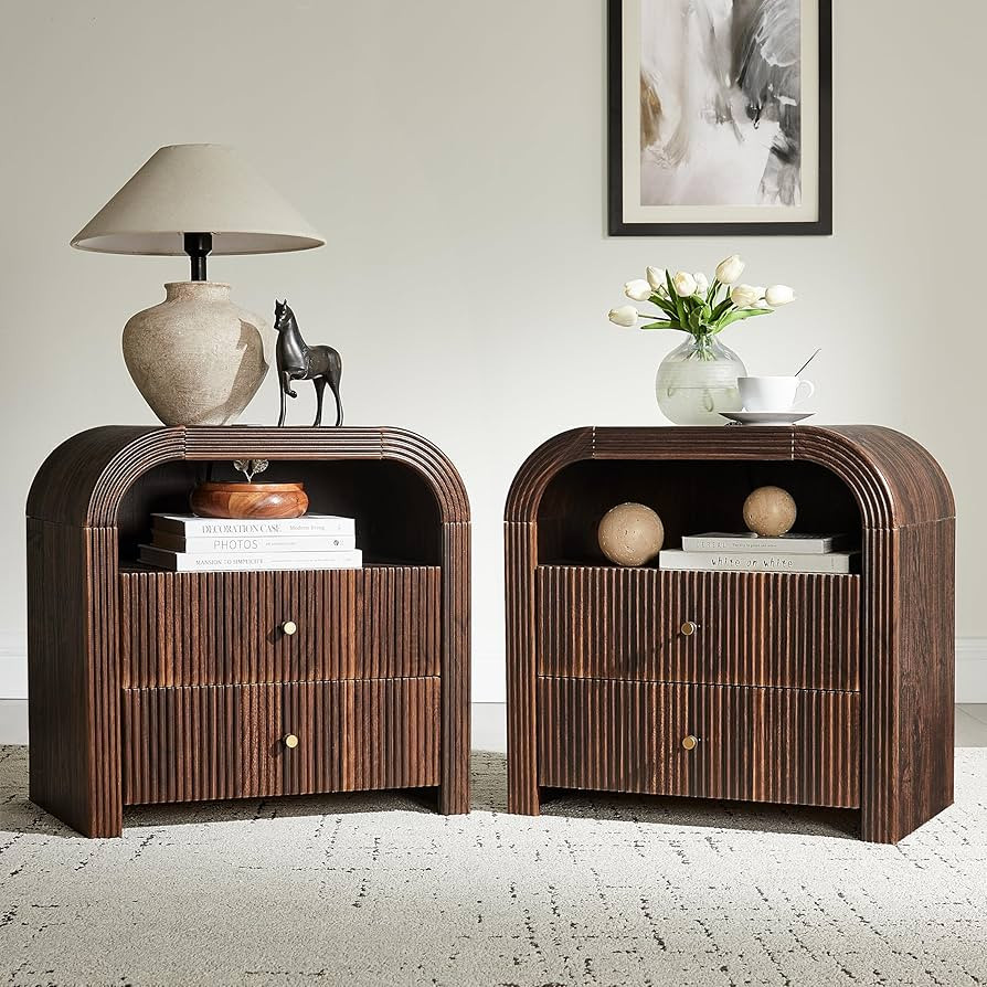 T4TREAM 24" Fluted Nightstand Set of 2, Large 2 Drawers Bedside Table with Charging Station, Mode... | Amazon (US)