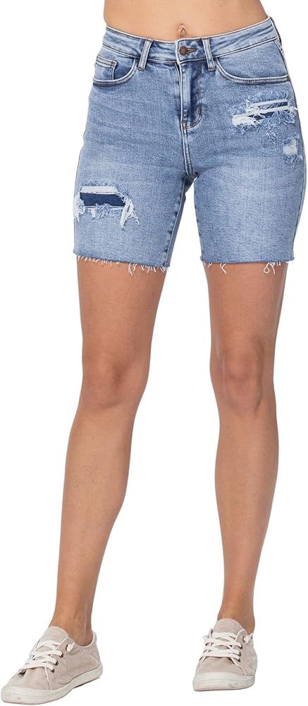 Judy Blue Women's High-Waist Mid-Length Denim Patch Shorts | Amazon (US)