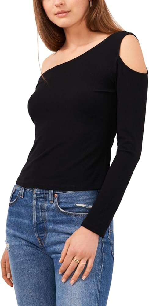 1.STATE Womens Stretch Ribbed One-Shoulder Pullover Top Black XXS | Amazon (US)