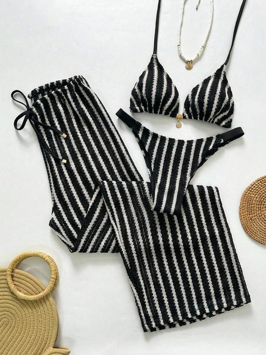 Swim Chiccia Women's Summer Beach Striped Sexy Bikini Swimwear Set With Pants, 2026 New Women's S... | SHEIN