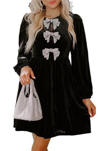 dsumvns Women's Bowknot Velvet Dress Trendy Puff Long Sleeve High Waist Mini Dress A Line Flowy Velvet Party Club Dresses Black | Amazon (US)