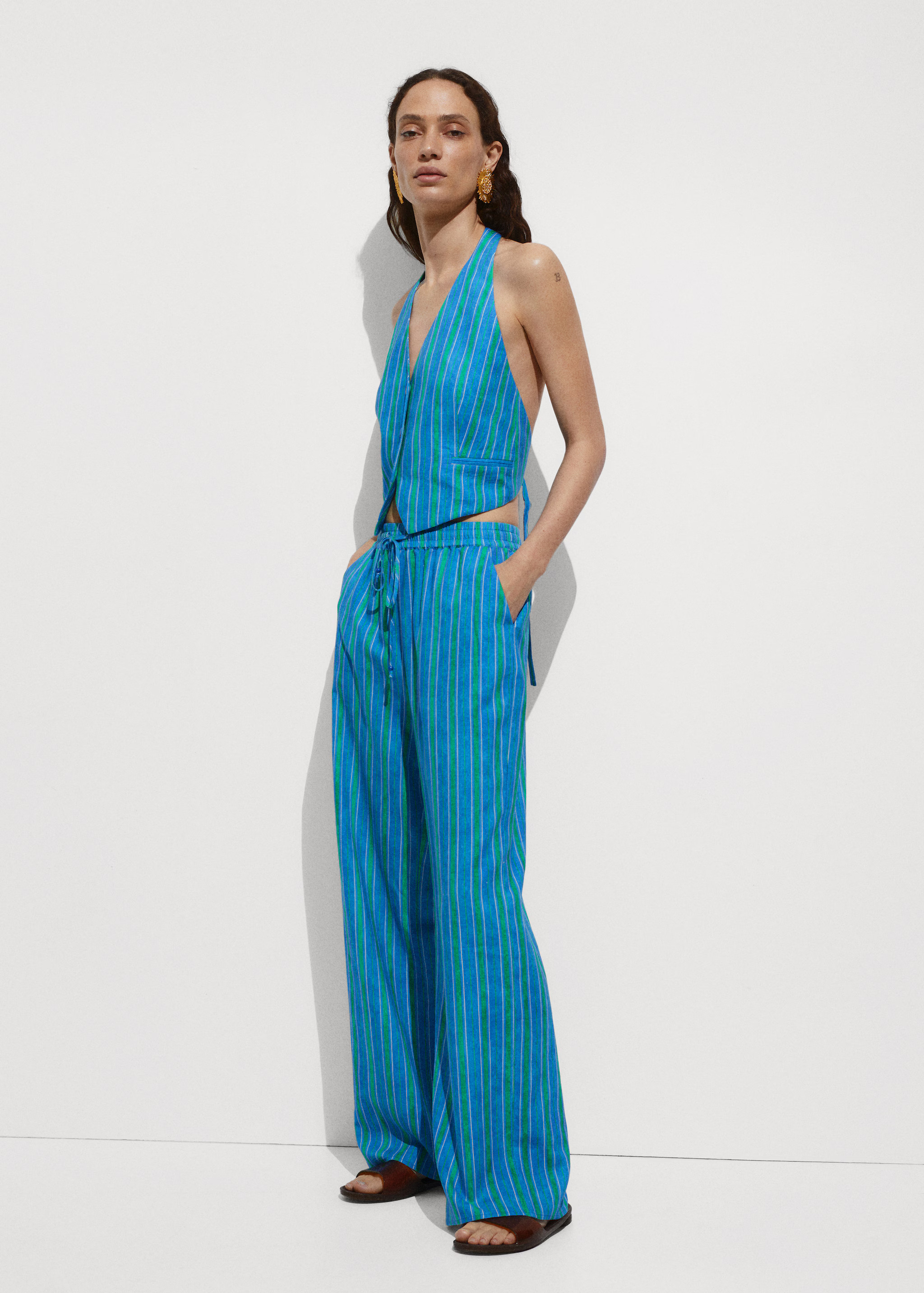 Pantalon lin imprimé rayures | MANGO (FR)