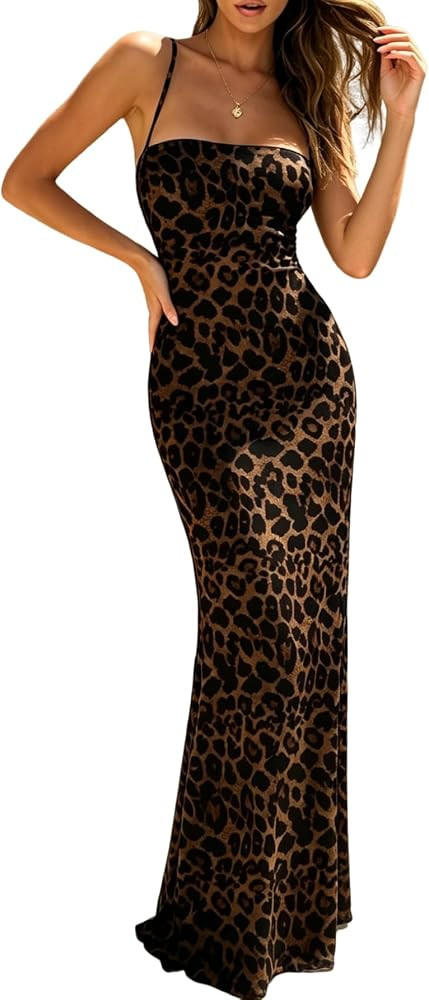 Floerns Women's Leopard Backless Maxi Dress Halter Lace Up Bodycon Dresses | Amazon (US)