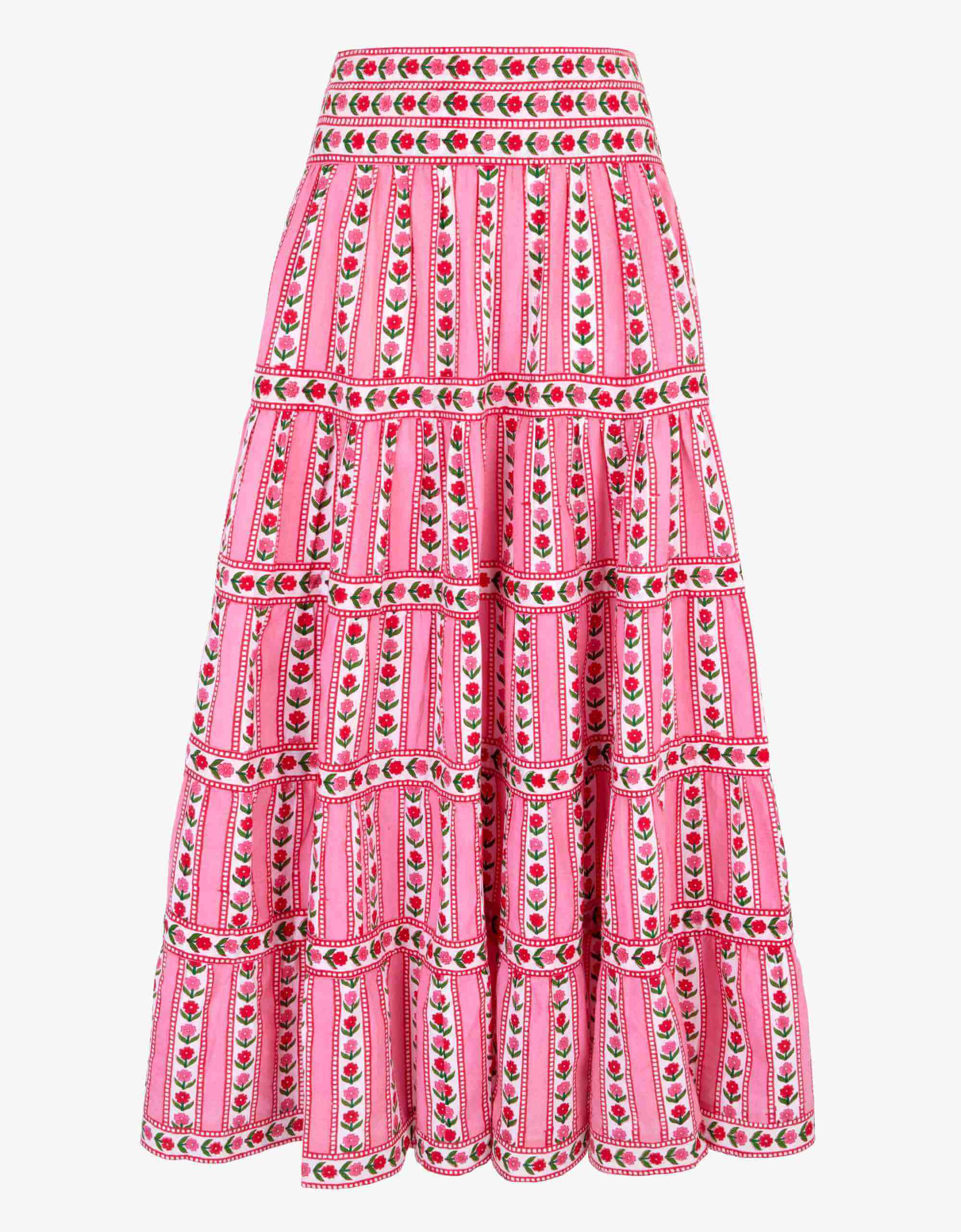 Rah Rah Skirt | Pink, Red, White Floral Maxi | Screen Print Cotton | Pink City Prints UK