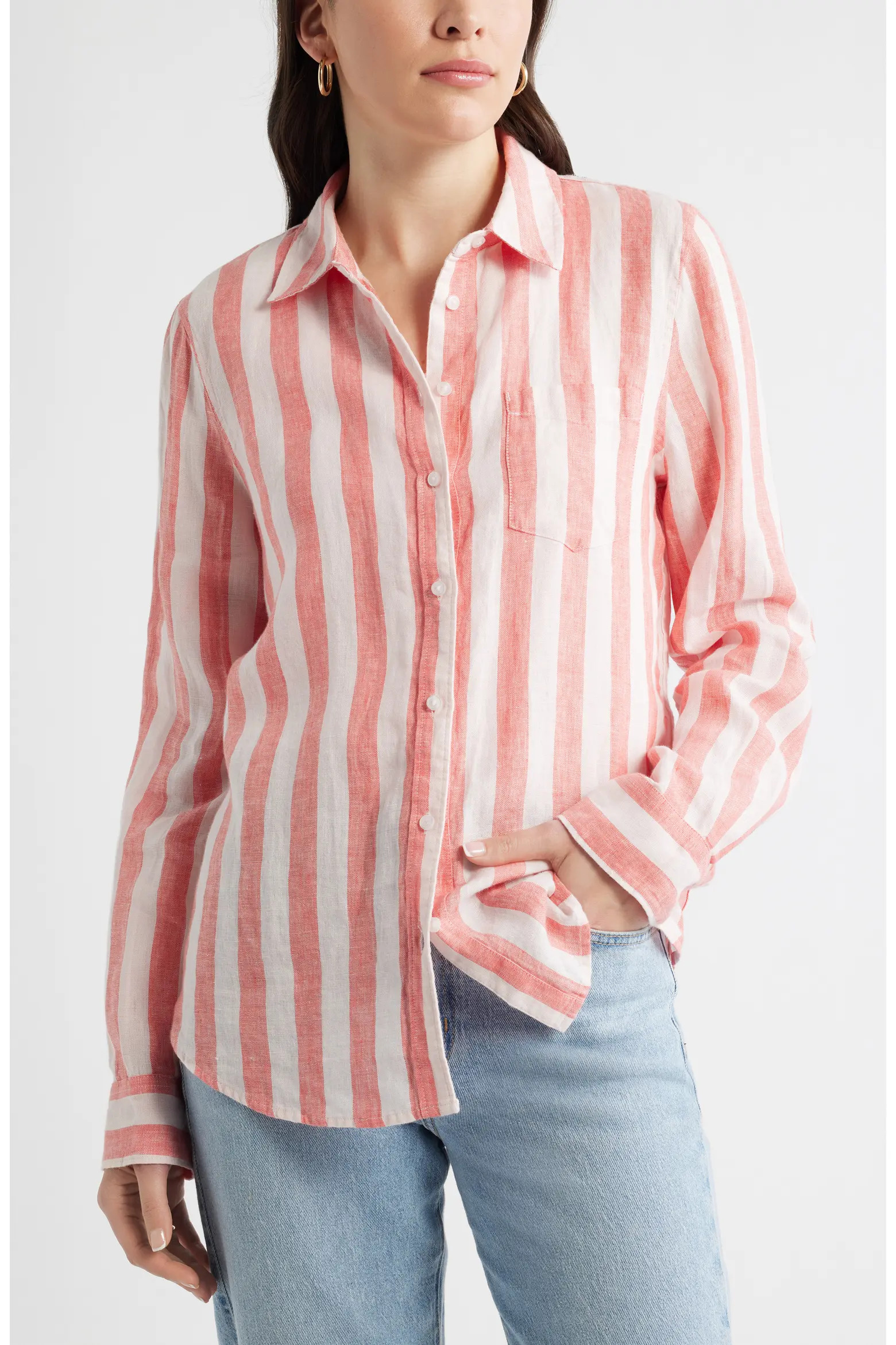 Caslon® Linen Stripe Button-Up Shirt (Women) | Nordstrom | Nordstrom