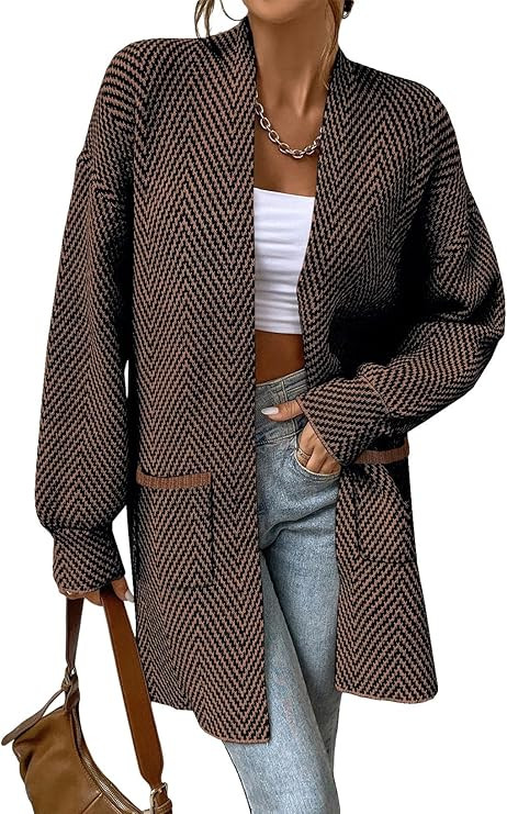 Sidefeel Womens 2025 Fall Outfits Long Sleeve Open Front Striped Cardigan Sweaters Chevron Chunky... | Amazon (US)