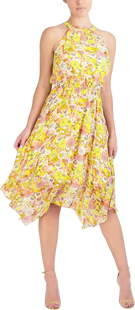 BCBGeneration Women's Fit and Flare Halter Neck Elastic Stretch Asymmetrical Hem Midi Dress | Amazon (US)
