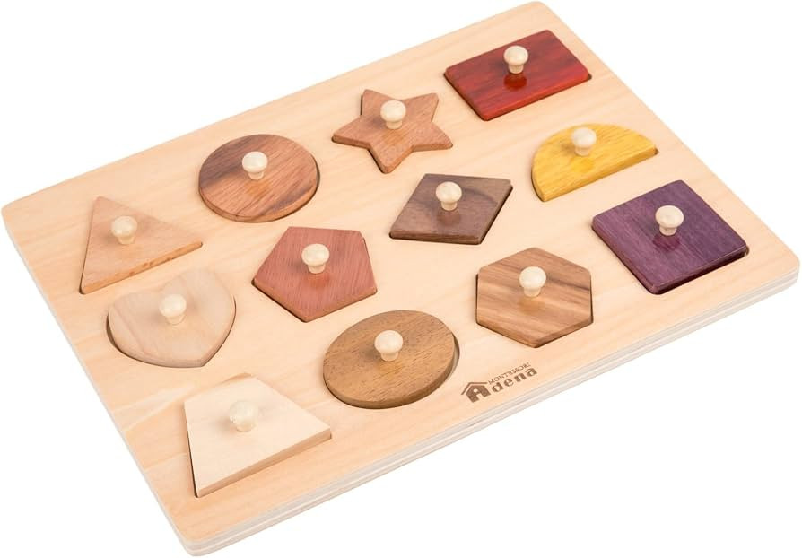Adena Montessori Wooden Puzzles for Toddlers 1-2, 12 Piece Shape Peg Board with Knobs Educational... | Amazon (US)